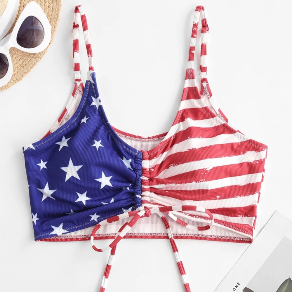 ZAFUL Patriotic American Flag Cinched Ribbed Swim Top - Multi-a L
